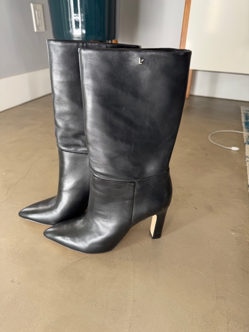 Larroude Black Pointed-Toe Mid-Calf Heeled Boots